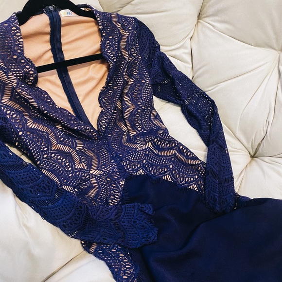 Blue and Nude Bodycon Dress - Picture 2 of 7